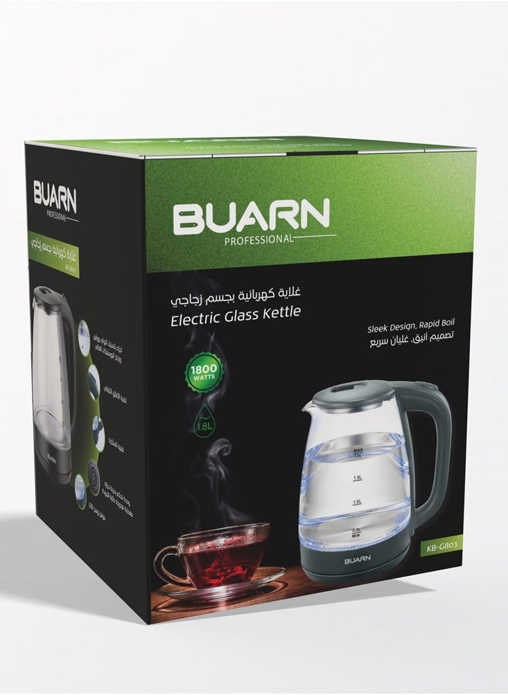 BUARN PROFESSIONAL 1800W Electric Glass Kettle 1.8L – KB-G803 with High Borosilicate Glass, Stainless Steel Heating Plate, Copper Power Cord, Anti-Dry Burn Protection, Automatic Switch-Off, LED Indicator – Efficient, Safe, and Durable for Home and Office Use  - Image 4