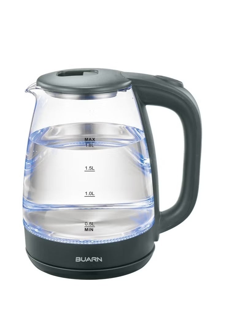 BUARN PROFESSIONAL 1800W Electric Glass Kettle 1.8L – KB-G803 with High Borosilicate Glass, Stainless Steel Heating Plate, Copper Power Cord, Anti-Dry Burn Protection, Automatic Switch-Off, LED Indicator – Efficient, Safe, and Durable for Home and Office Use  - Image 1