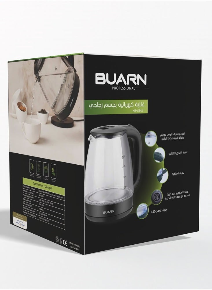 BUARN PROFESSIONAL 1800W Electric Glass Kettle 1.8L – KB-G803 with High Borosilicate Glass, Stainless Steel Heating Plate, Copper Power Cord, Anti-Dry Burn Protection, Automatic Switch-Off, LED Indicator – Efficient, Safe, and Durable for Home and Office Use  - Image 3