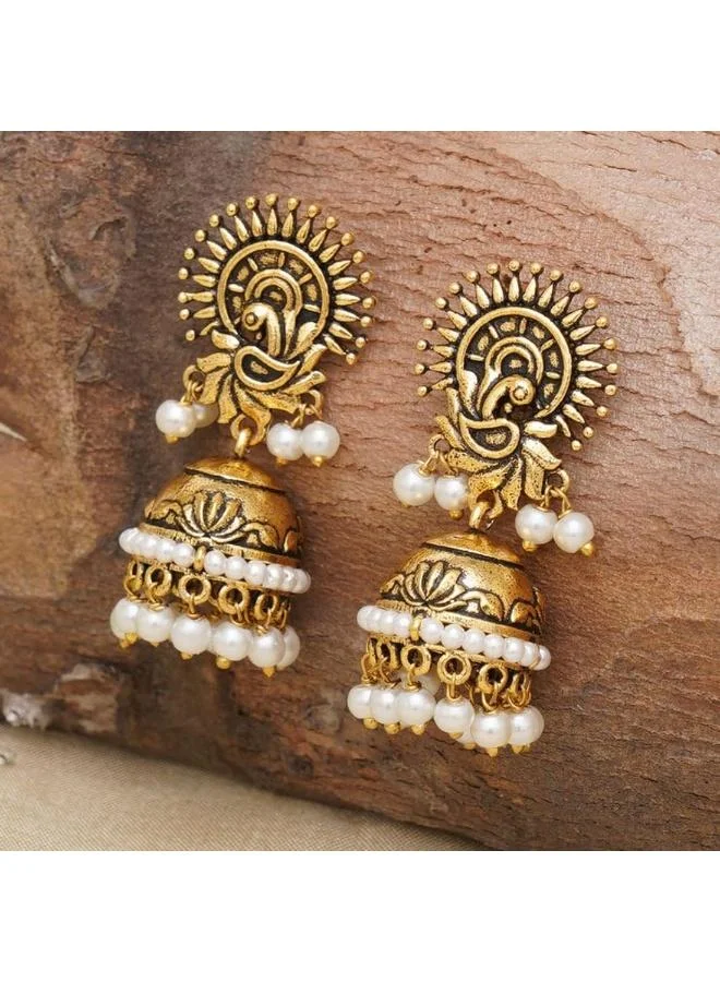 VOYLLA VOYLLA Apsara Faux Adorned Plated Brass Jhumka Earrings, No Gemstone