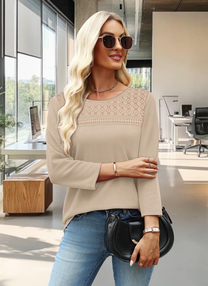 OFEEFAN Spring Tops for Women Summer Outfits Dressy Casual Blouses 3/4 Length Sleeve Lace Crochet Boho Plus Size Sweaters Women's Clothing Waffle Knit Apricot S - Image 4