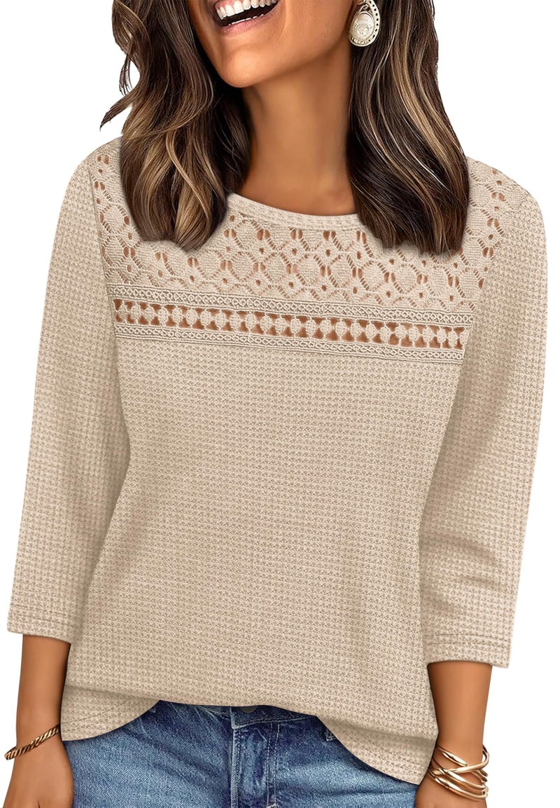 OFEEFAN Spring Tops for Women Summer Outfits Dressy Casual Blouses 3/4 Length Sleeve Lace Crochet Boho Plus Size Sweaters Women's Clothing Waffle Knit Apricot S - Image 1