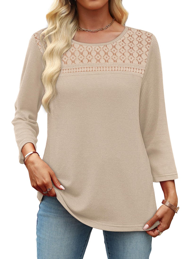 OFEEFAN Spring Tops for Women Summer Outfits Dressy Casual Blouses 3/4 Length Sleeve Lace Crochet Boho Plus Size Sweaters Women's Clothing Waffle Knit Apricot S - Image 5