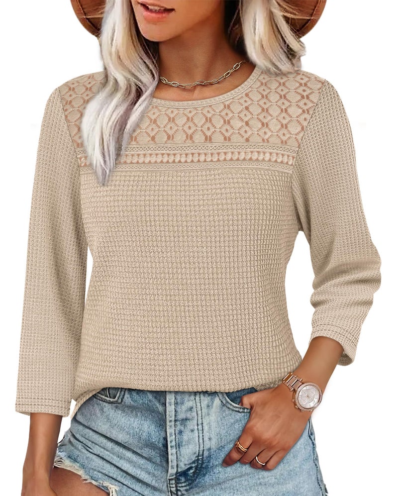 OFEEFAN Spring Tops for Women Summer Outfits Dressy Casual Blouses 3/4 Length Sleeve Lace Crochet Boho Plus Size Sweaters Women's Clothing Waffle Knit Apricot S - Image 2
