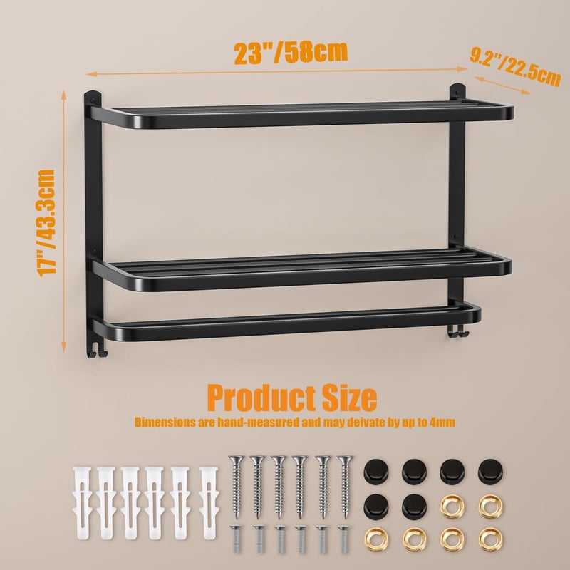 DDS-DUDES 23 Inch 3-Tier Black Towel Racks for Bathroom with Towel Bars Multilayer Hotel Towel Shelf Stainless Steel Wall-Mounted Matte Finished Holder with Towel Shelves - Image 2
