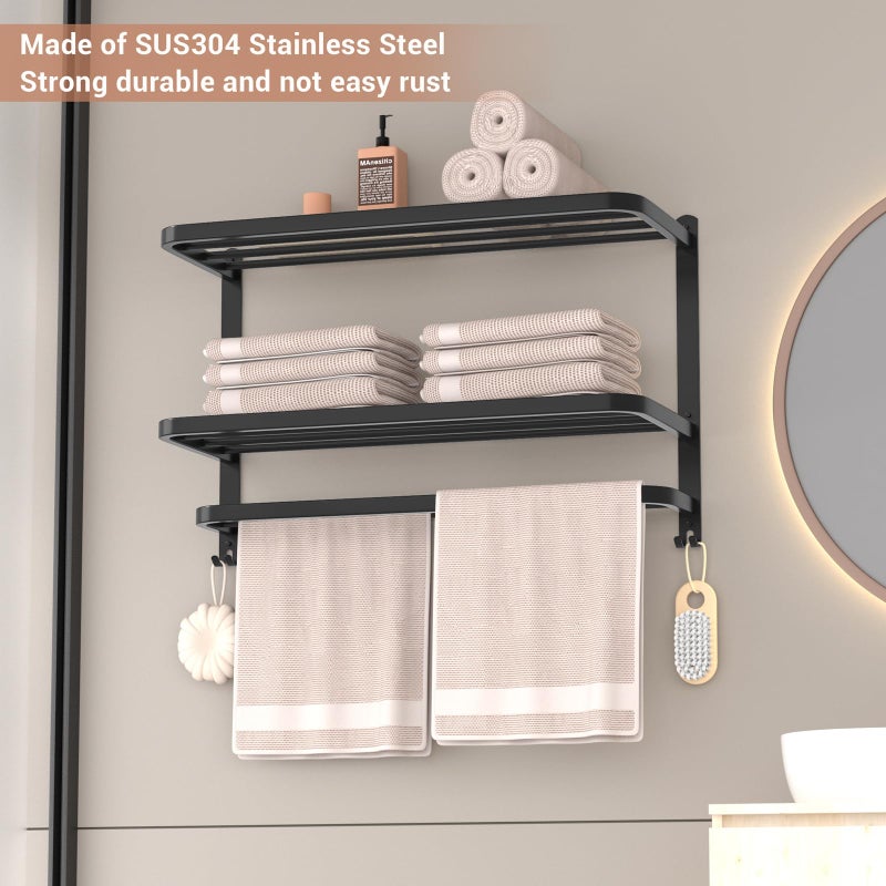 DDS-DUDES 23 Inch 3-Tier Black Towel Racks for Bathroom with Towel Bars Multilayer Hotel Towel Shelf Stainless Steel Wall-Mounted Matte Finished Holder with Towel Shelves - Image 4