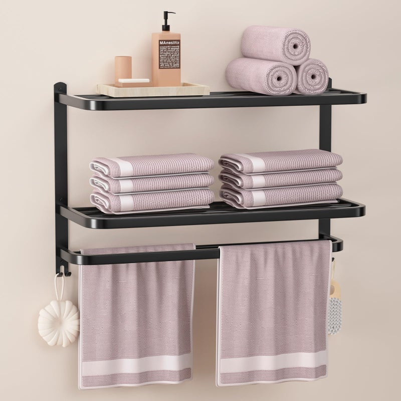 DDS-DUDES 23 Inch 3-Tier Black Towel Racks for Bathroom with Towel Bars Multilayer Hotel Towel Shelf Stainless Steel Wall-Mounted Matte Finished Holder with Towel Shelves - Image 1