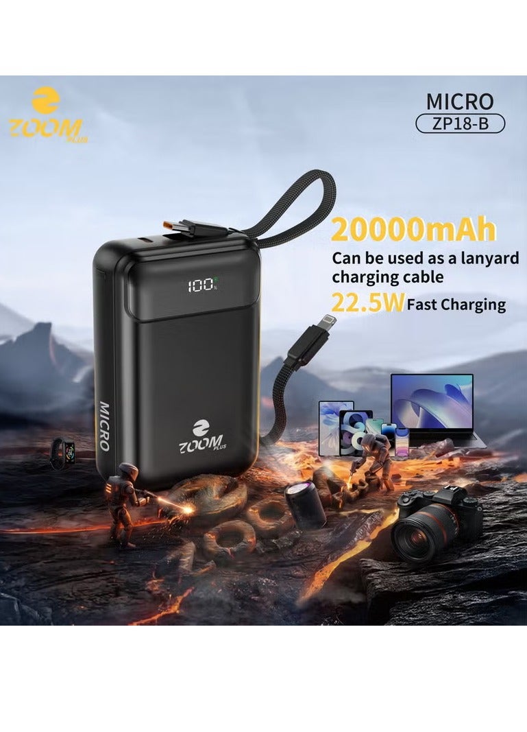 زوم بلس باور بانك زوم بلس مايكرو 20000 مللي أمبير، شحن سريع PD بقوة 22.5 واط، كابلات مدمجة، شاشة رقمية LED، شاحن محمول للأيفون والأندرويد – موديل ZP18-B - Image 1