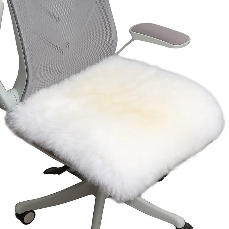 LLB Sheepskin Chair Cushion Non-Slip Back Square Genuine Fur Chair Cover Silky Natural Wool Seat Cushion Pad Soft Area Rugs Carpet for Home Office Restaurant Chair 18x18 Inch (Pack of 1), Ivory White - Image 1