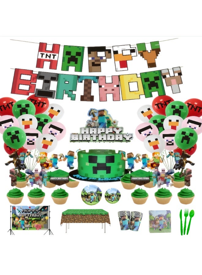 Minecraft Birthday Party Decorations Set, All-in-One Game Themed Party Supplies with Banner, Paper Plates, Paper Cups, Napkins, Balloons, Cake Toppers, Backdrop, Tablecloth, Cutlery Set, Complete Party Decor Kit for Kids Minecraft Themed Birthday Party Decor