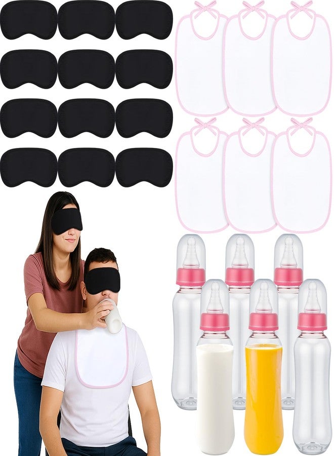 Leinuosen 24 Pcs Baby Shower Blindfold Feeding Game Set Include 6 Plastic Chug Bottles 6 Bib and 12 Eye Mask Blindfold Baby Feeding Bottle Chug Game for Adult Gender Reveal Party Supplies(Pink) - Image 1