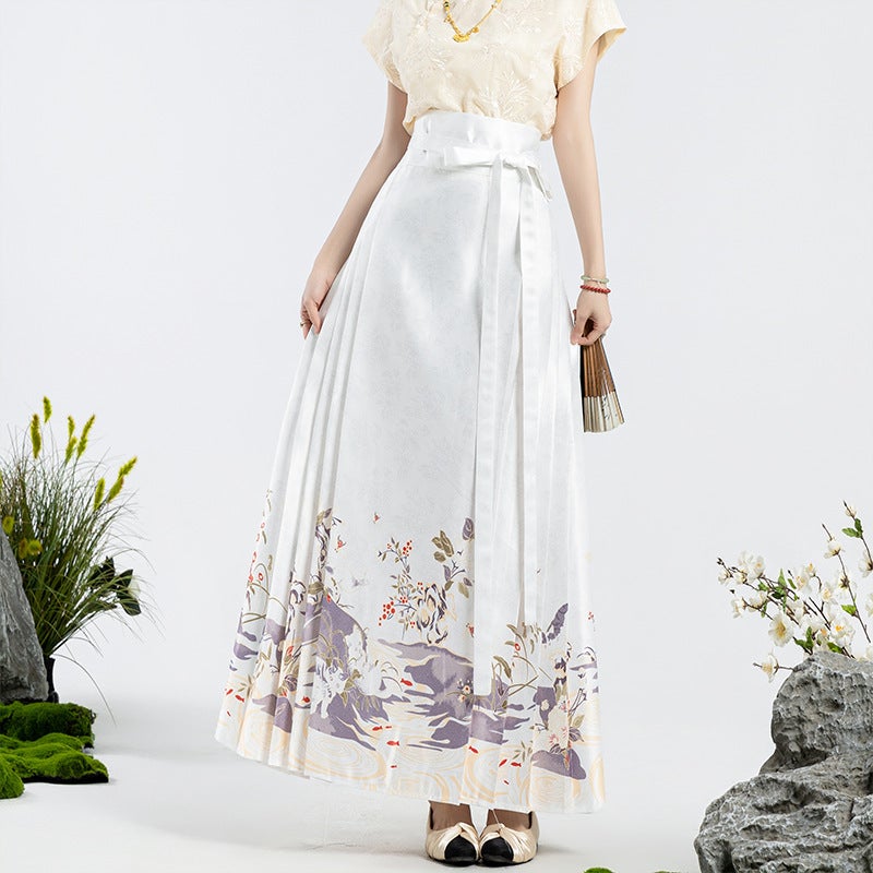 New Chinese Style National Style Horse Face Dress Womens Spring and Summer 2024 New Design Sense Long Dress Hanfu Hip Covering Pleated Skirt Skirt White - Image 1