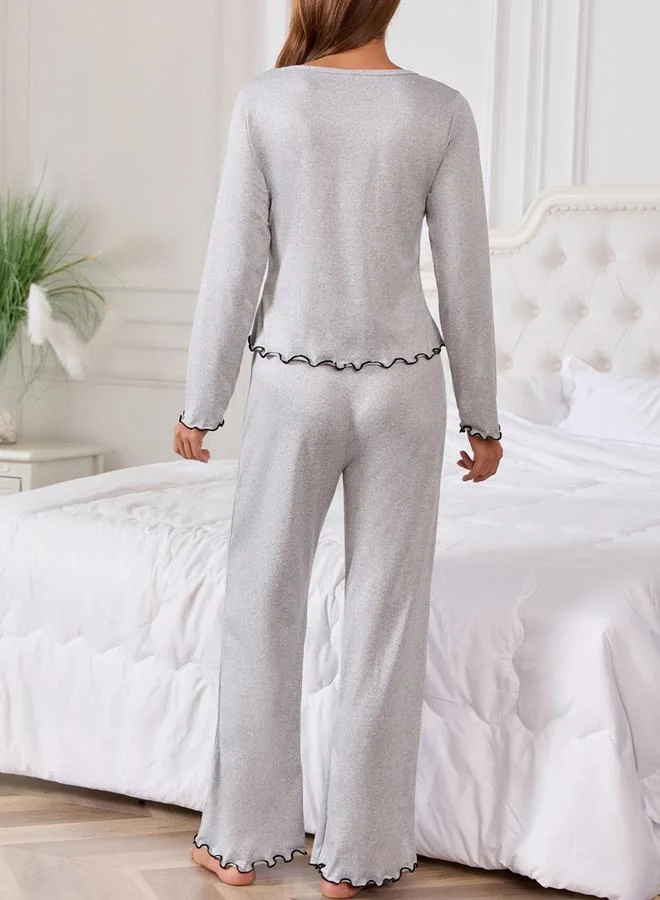 Take Two Grey Lettuce Edge Bowknot Detail T-Shirt and Pyjama Set