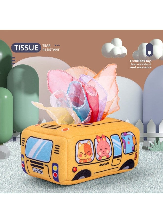 Tear-Resistant Baby Cloth Book Early Education Toy Infant Tissue Box Gift For 0-3 Years Old Babies Visual And Sensory Development-Color:Bus Tissue Box ]  - Image 1