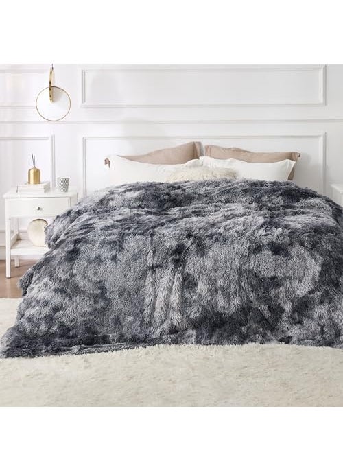 Bedsure Bedsure Fluffy Tie Dye Grey Blankets Queen Size for Bed Thick Sherpa Faux Fur Fleece Fuzzy Plush Winter Warm Soft Full Queen Blankets Bedroom Decor Grey Gifts Cozy Gifts for Women Men 90x90 