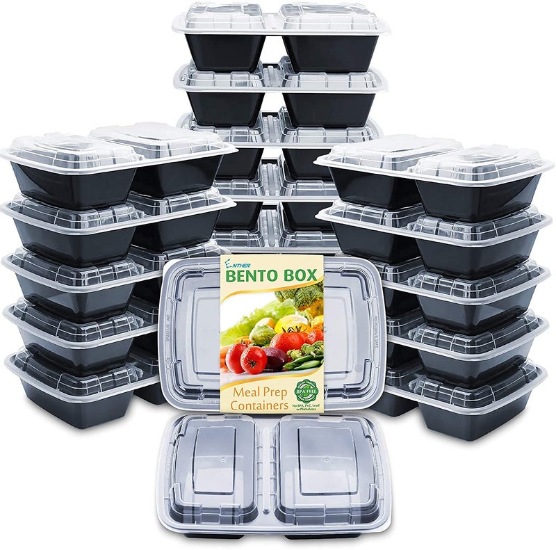 Enther Meal Prep Containers [20 Pack] 2 Compartment with Lids  Food Storage Bento Box | BPA Free | Stackable | Reusable Lunch Boxes  Microwave/Dishwasher/Freezer Safe  Portion Control (32 oz) - Image 1