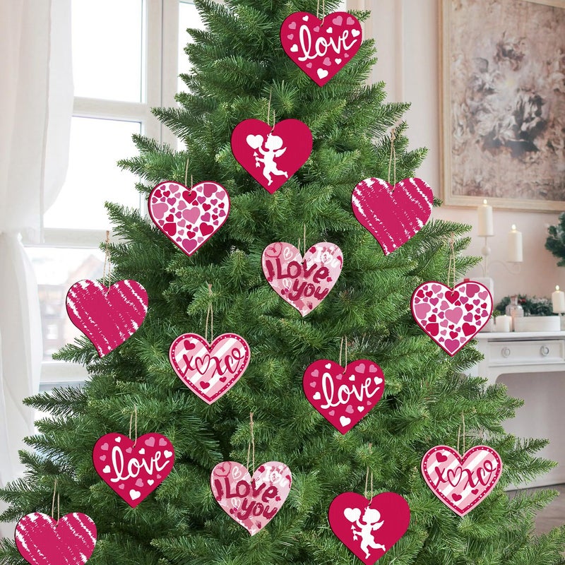 CCINEE 24pcs Valentine's Day Decorations Tree Ornaments Pink White Wooden Heart Hanging Ornaments for Valentine's Day Tree Home Party Decorations - Image 1