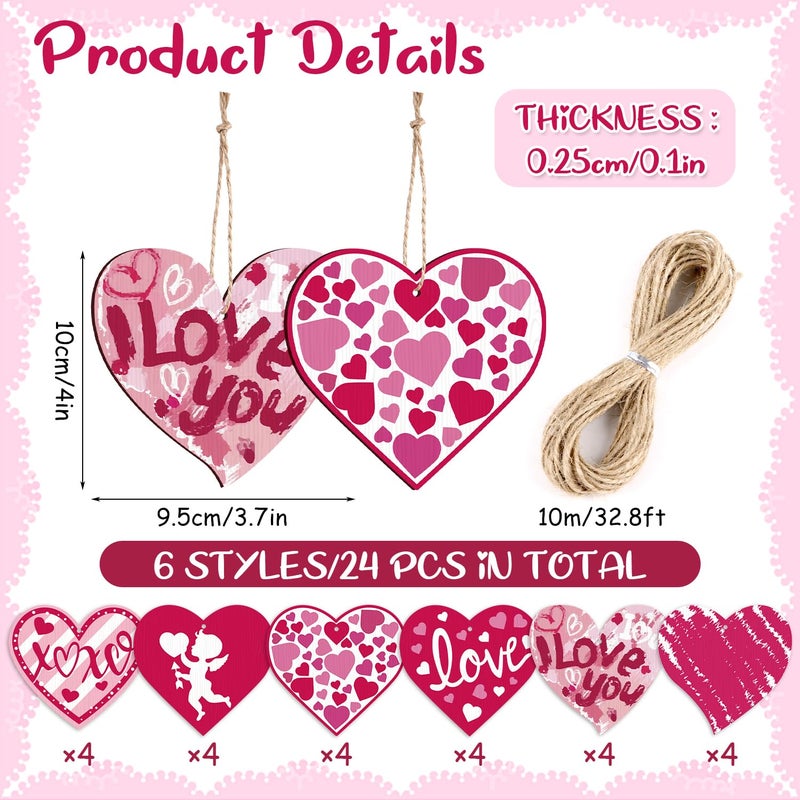 CCINEE 24pcs Valentine's Day Decorations Tree Ornaments Pink White Wooden Heart Hanging Ornaments for Valentine's Day Tree Home Party Decorations - Image 2