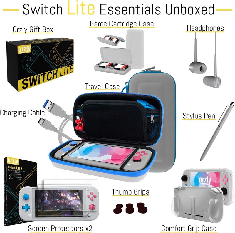 Orzly Switch Lite Accessories Bundle - Case & Screen Protector for Nintendo Switch Lite Console, USB Cable, Games Holder, Grip Case, Headphones, Thumb-Grip Pack & More (Gift Pack - Z&Z Edition) - Image 3