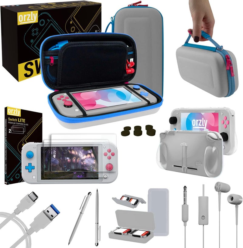 Orzly Switch Lite Accessories Bundle - Case & Screen Protector for Nintendo Switch Lite Console, USB Cable, Games Holder, Grip Case, Headphones, Thumb-Grip Pack & More (Gift Pack - Z&Z Edition) - Image 1