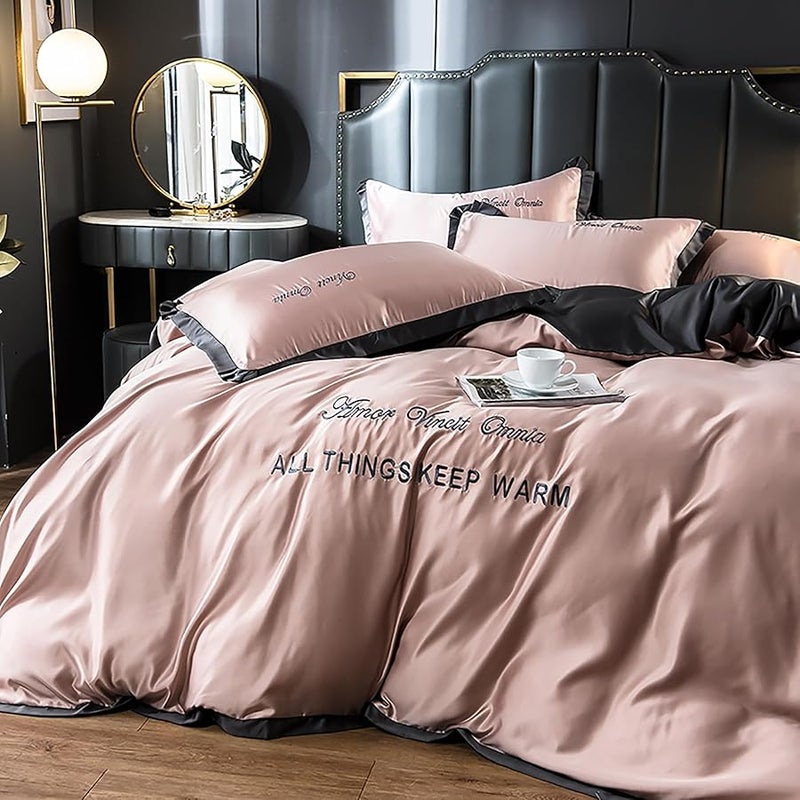 LEXIN 4 Piece Queen Size Soft Washed Silk Duvet Cover Set with Zipper Closure and Corner Ties Cooling Luxury Bedding Soft Embroidered Design Pink 200x230 cm - Image 3