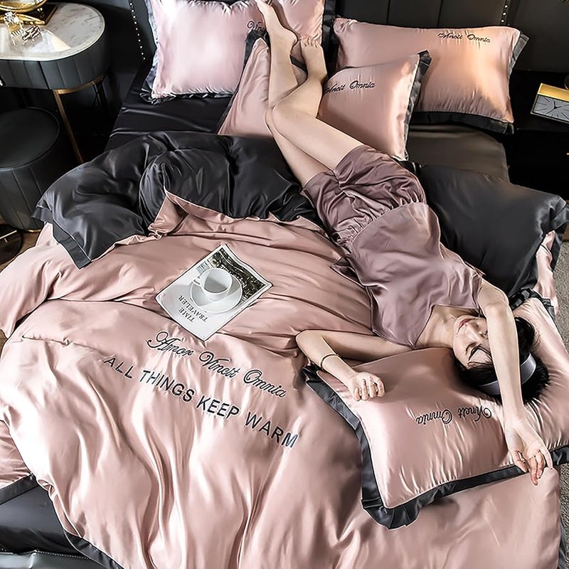 LEXIN 4 Piece Queen Size Soft Washed Silk Duvet Cover Set with Zipper Closure and Corner Ties Cooling Luxury Bedding Soft Embroidered Design Pink 200x230 cm - Image 4