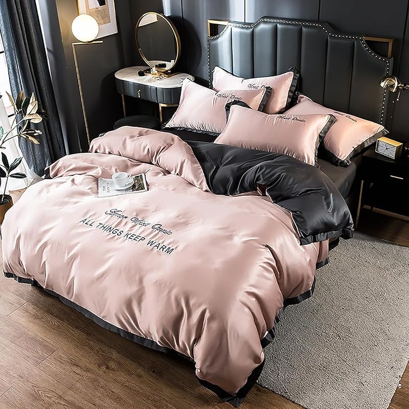 LEXIN 4 Piece Queen Size Soft Washed Silk Duvet Cover Set with Zipper Closure and Corner Ties Cooling Luxury Bedding Soft Embroidered Design Pink 200x230 cm - Image 2