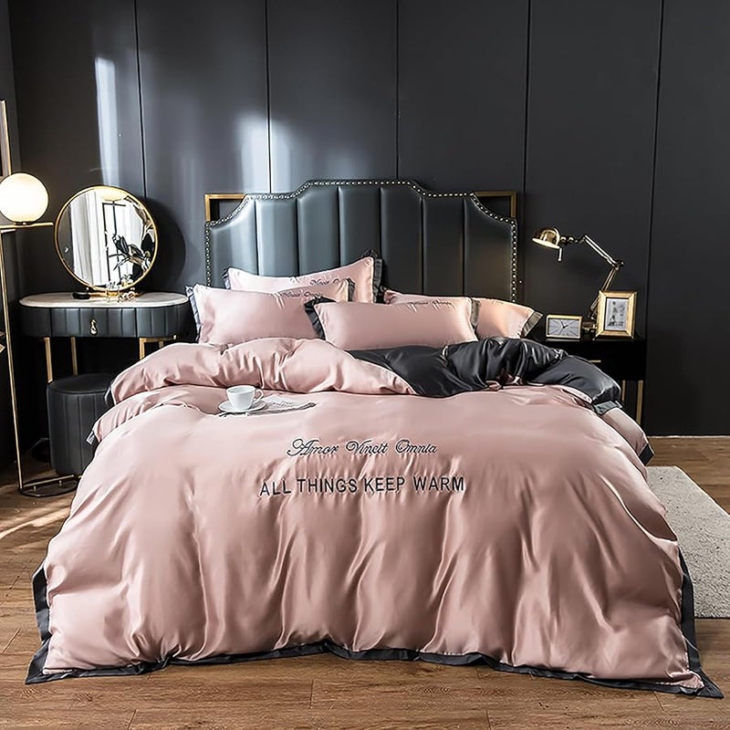 LEXIN 4 Piece Queen Size Soft Washed Silk Duvet Cover Set with Zipper Closure and Corner Ties Cooling Luxury Bedding Soft Embroidered Design Pink 200x230 cm - Image 1