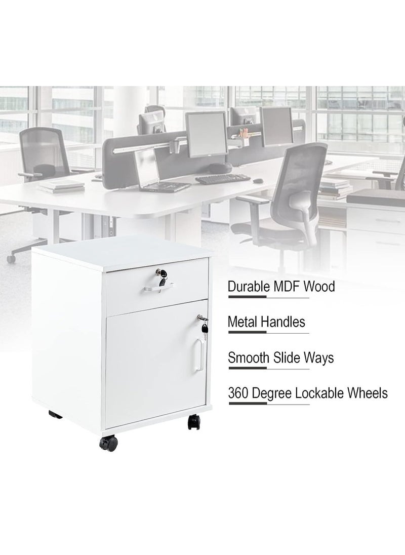 JOMILA Movable Filing Cabinet with 1 Drawer and 1 Door Lockable Office Cabinet with Wheels in White Industrial Wood  - Image 5