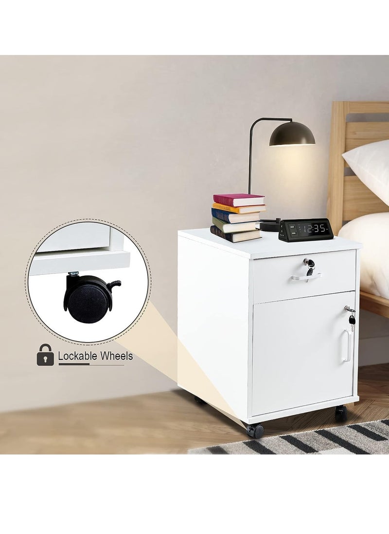 JOMILA Movable Filing Cabinet with 1 Drawer and 1 Door Lockable Office Cabinet with Wheels in White Industrial Wood  - Image 4