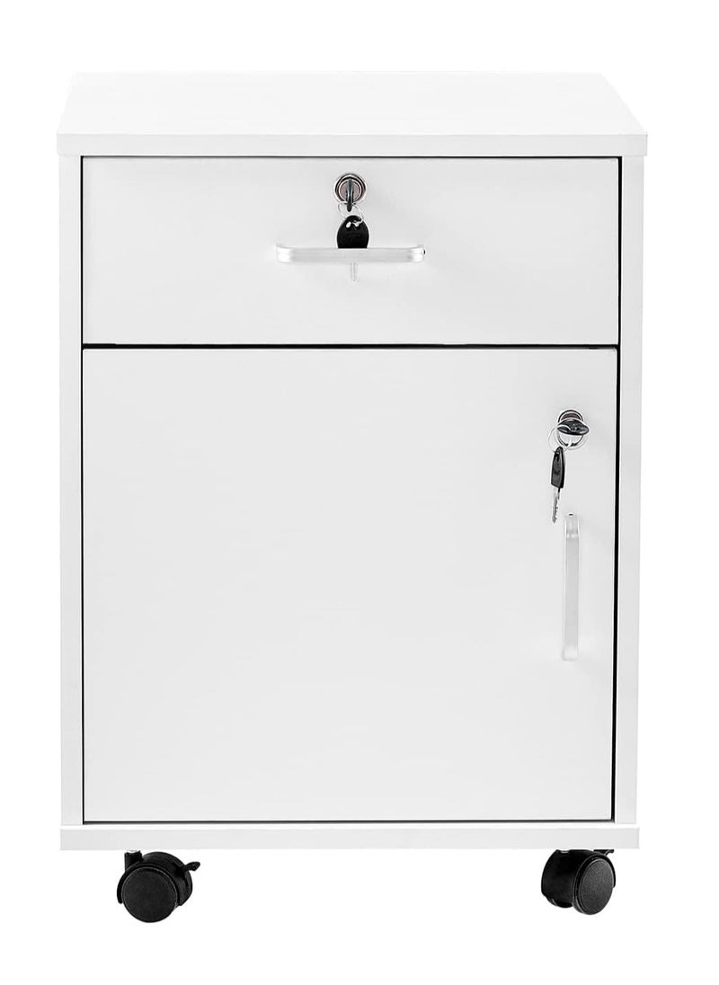 JOMILA Movable Filing Cabinet with 1 Drawer and 1 Door Lockable Office Cabinet with Wheels in White Industrial Wood  - Image 2