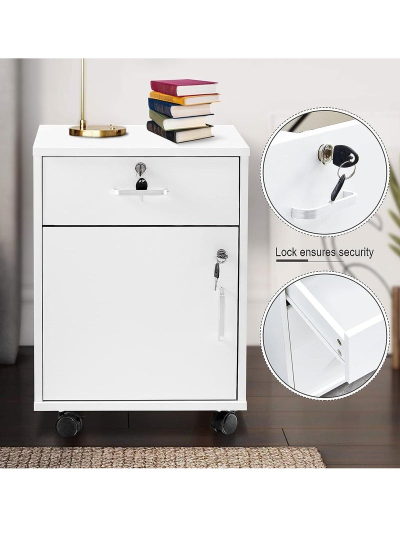 JOMILA - Movable Filing Cabinet with 1 Drawer and 1 Door Lockable Office Cabinet with Wheels in White Industrial Wood - Image 1