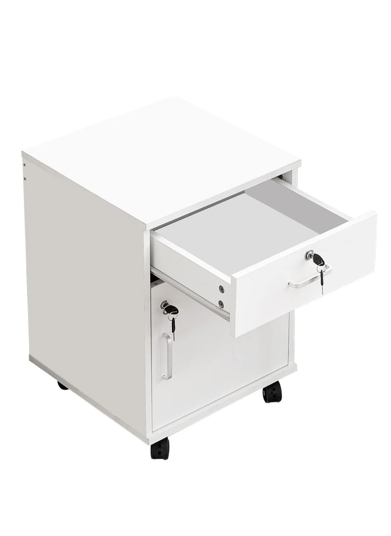 JOMILA - Movable Filing Cabinet with 1 Drawer and 1 Door Lockable Office Cabinet with Wheels in White Industrial Wood - Image 1