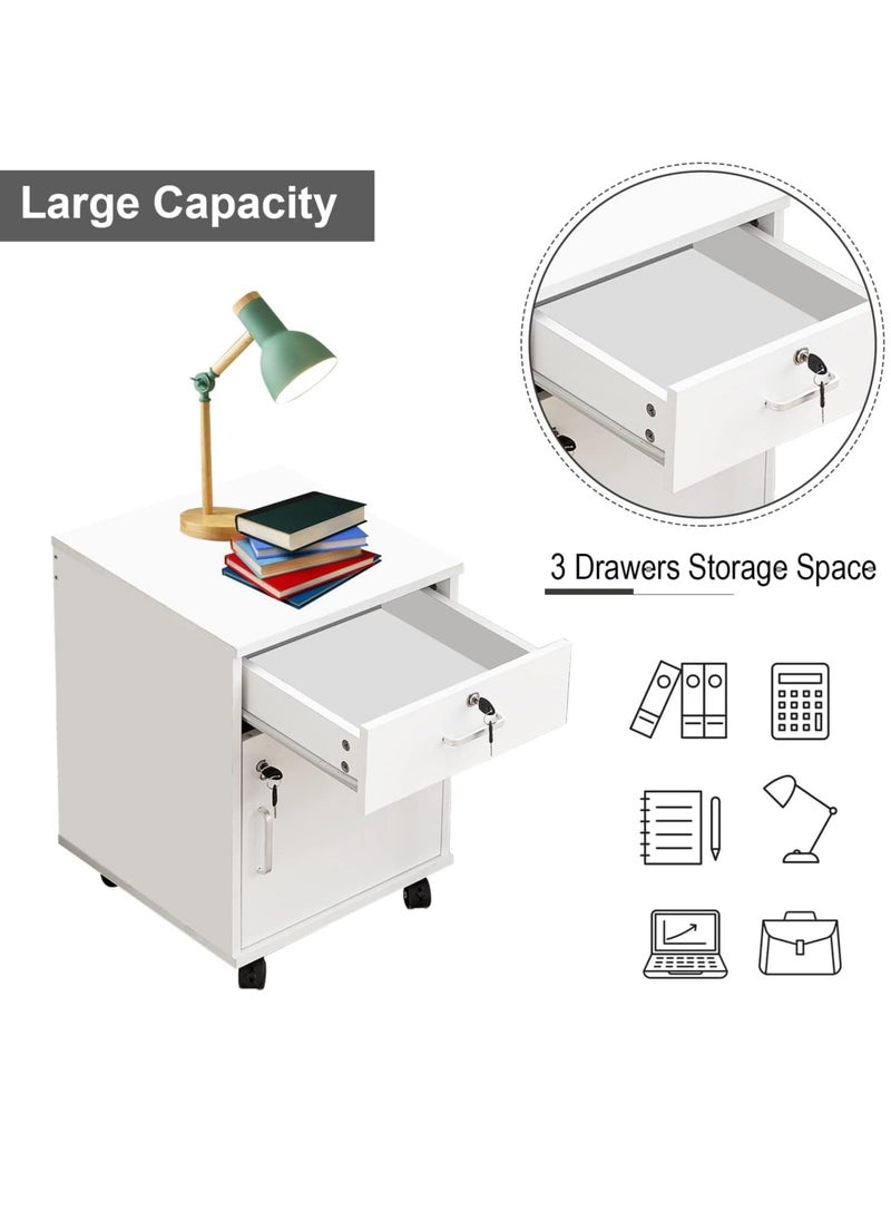 JOMILA Movable Filing Cabinet with 1 Drawer and 1 Door Lockable Office Cabinet with Wheels in White Industrial Wood  - Image 3
