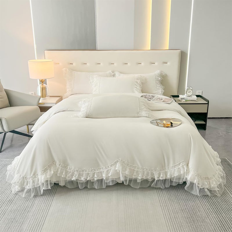 MOOWOO Chic Ruffle Lace Polyester Duvet Cover Set Girl White Bedding3 Piece Full Duvet Cover with Zipper Closure Ultra Soft and Light Weight WhiteFull