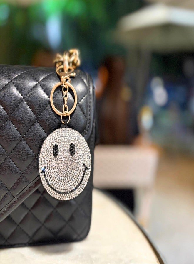 SALVE Puffy Smiley Face Rhinestone Encrusted Silver-Toned Bag Charm for Handbags | Cute Key Chain for Girls with Gold-Toned Clasp | Aesthetic Keychain for Women for Purse, Car Keys, Home Keys - Image 2