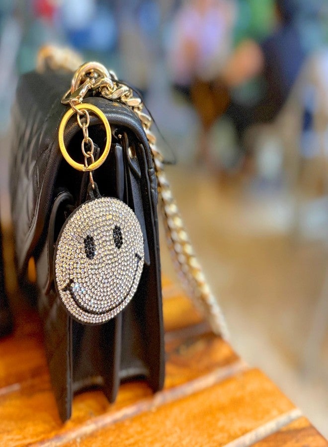SALVE Puffy Smiley Face Rhinestone Encrusted Silver-Toned Bag Charm for Handbags | Cute Key Chain for Girls with Gold-Toned Clasp | Aesthetic Keychain for Women for Purse, Car Keys, Home Keys - Image 3