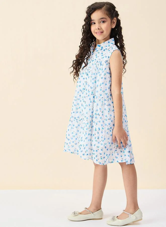Stylo Bug Floral Print Collared Sleeveless Tiered Dress by Styli