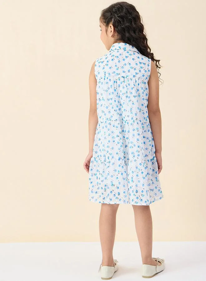Stylo Bug Floral Print Collared Sleeveless Tiered Dress by Styli