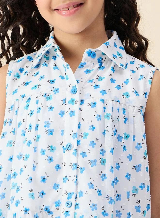 Stylo Bug Floral Print Collared Sleeveless Tiered Dress by Styli