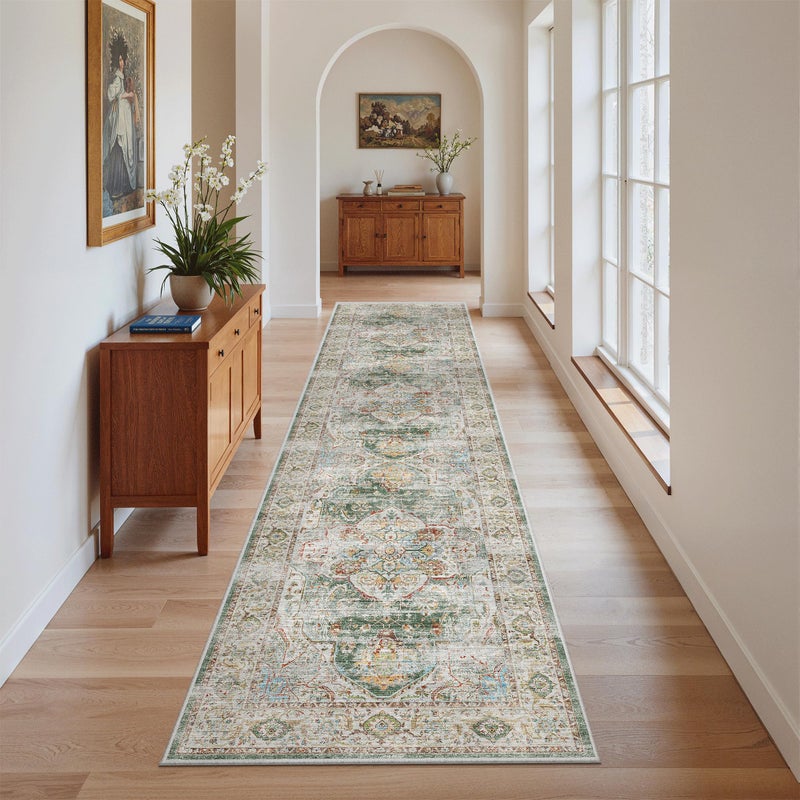 Madane Runner Rug 2x8, Washable Hallway Runner Rugs, Non-Slip Low-Pile Soft Kitchen Rug Runner Laundry Room Rug, Vintage Throw Entry Foyer Mat for Entrance Living Room (Green, 2 x 8) - Image 3
