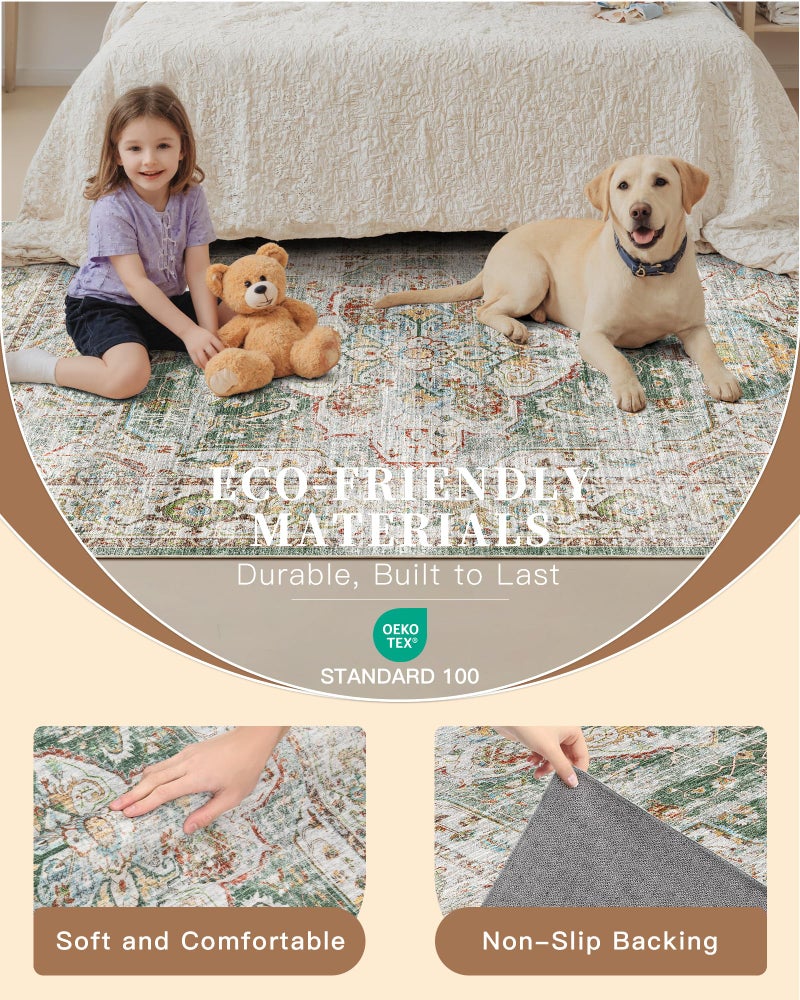 Madane Runner Rug 2x8, Washable Hallway Runner Rugs, Non-Slip Low-Pile Soft Kitchen Rug Runner Laundry Room Rug, Vintage Throw Entry Foyer Mat for Entrance Living Room (Green, 2 x 8) - Image 5