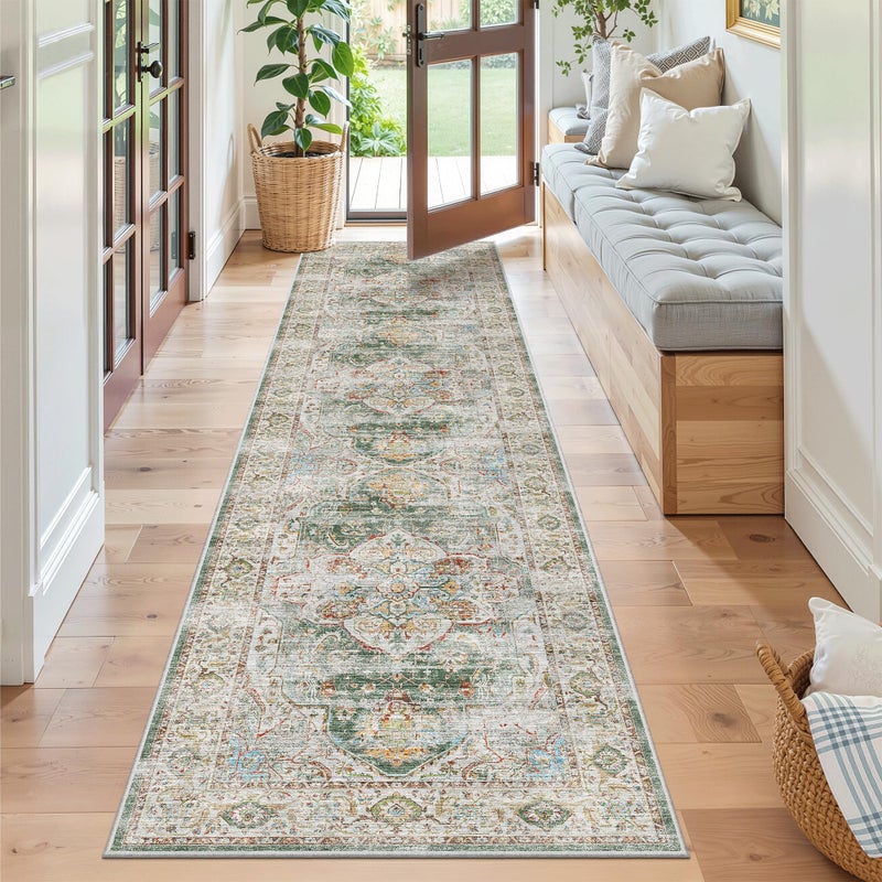 Madane Runner Rug 2x8, Washable Hallway Runner Rugs, Non-Slip Low-Pile Soft Kitchen Rug Runner Laundry Room Rug, Vintage Throw Entry Foyer Mat for Entrance Living Room (Green, 2 x 8) - Image 1