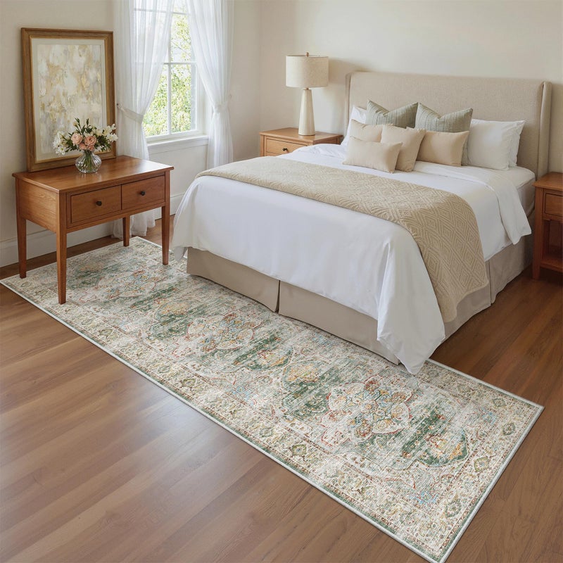 Madane Runner Rug 2x8, Washable Hallway Runner Rugs, Non-Slip Low-Pile Soft Kitchen Rug Runner Laundry Room Rug, Vintage Throw Entry Foyer Mat for Entrance Living Room (Green, 2 x 8) - Image 4