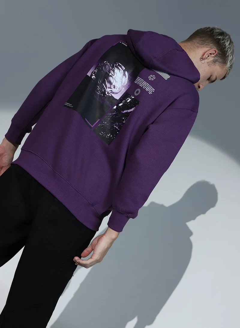 Hubberholme Men's Purple Cotton Blend Printed Oversized Sweatshirt