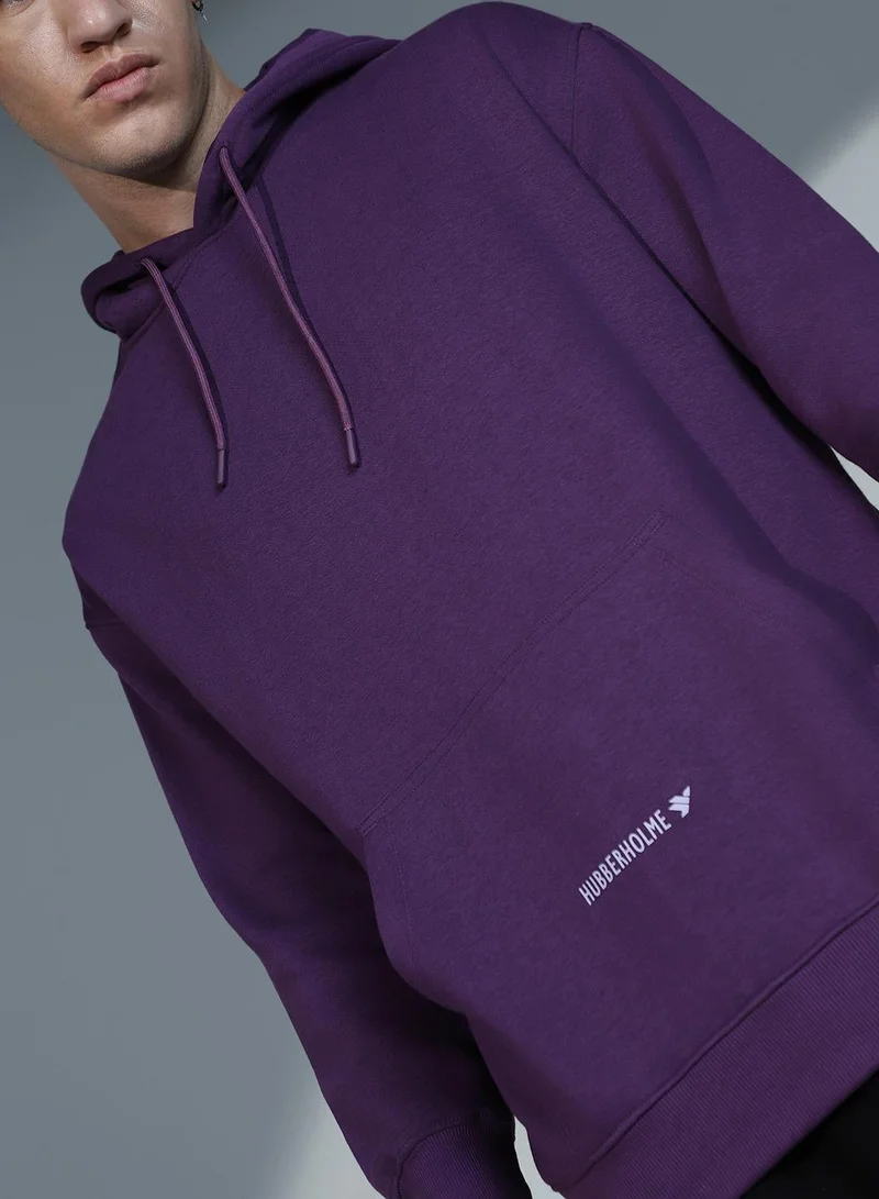 Hubberholme Men's Purple Cotton Blend Printed Oversized Sweatshirt