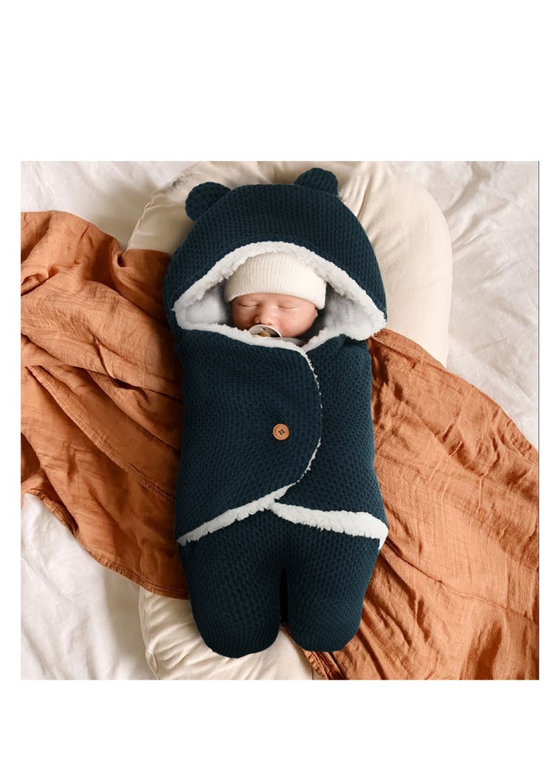 Baby Cute Hooded Swaddle Storage Blanket Acrylic Outer Sherpa Inner Sherpa Stroller Crib Sleeping Bag Bag for Newborn Baby Boy Girl (Dark Blue) - Image 1