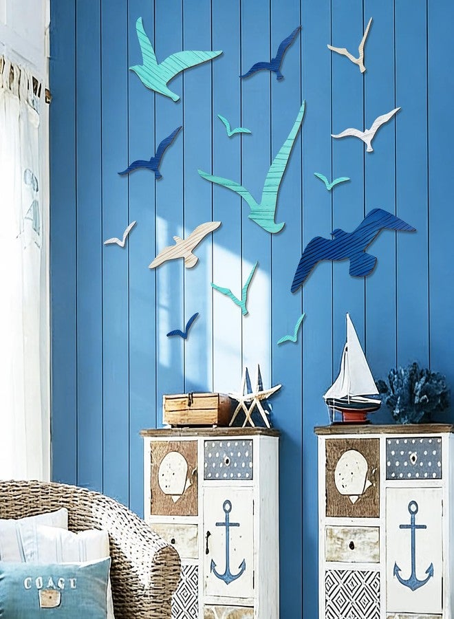 Fangoo 14 Pcs Wooden Seagull Wall Decor Multisized Beach Themed Wall Art Set Nautical Adhesive Aquatic Sea Birds Sculpture for Bedroom Living Room Bathroom Lake House Ocean Party Decor Art Craft - Image 5
