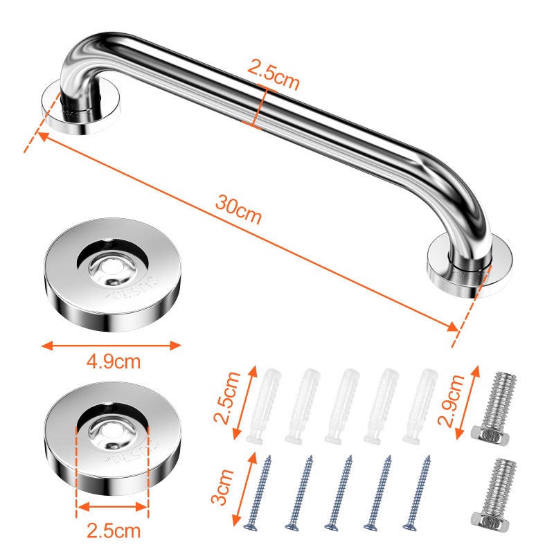 Fousenuk Pack of 2 Grab Bars for Seniors, Stainless Steel 30 cm Shower Bath Handle, Bath Handle, Bathtub Handle, Shower Handles for Wall Mounting, WC, Bathroom, Non-Slip, Safety Handle - Image 2