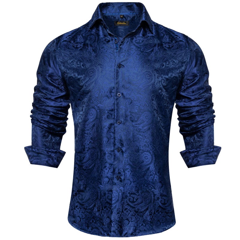 DiBanGu Mens Silk Paisley Dress Shirts,Long Sleeve Button Down Shirt Casual Regular Fit Shirt for Men Wedding Party, Blue, X-Large - Image 1